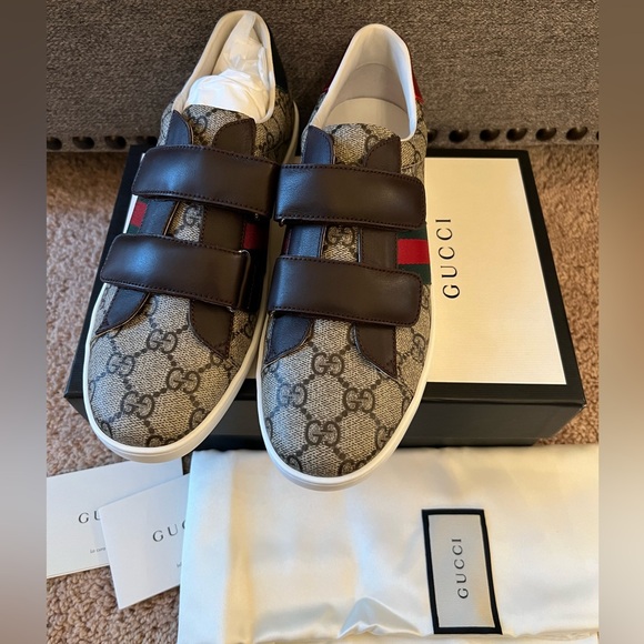 New Gucci Ace Gg Supreme New Ace Web stripe Ebony beige brown Sneakers - Picture 2 of 10